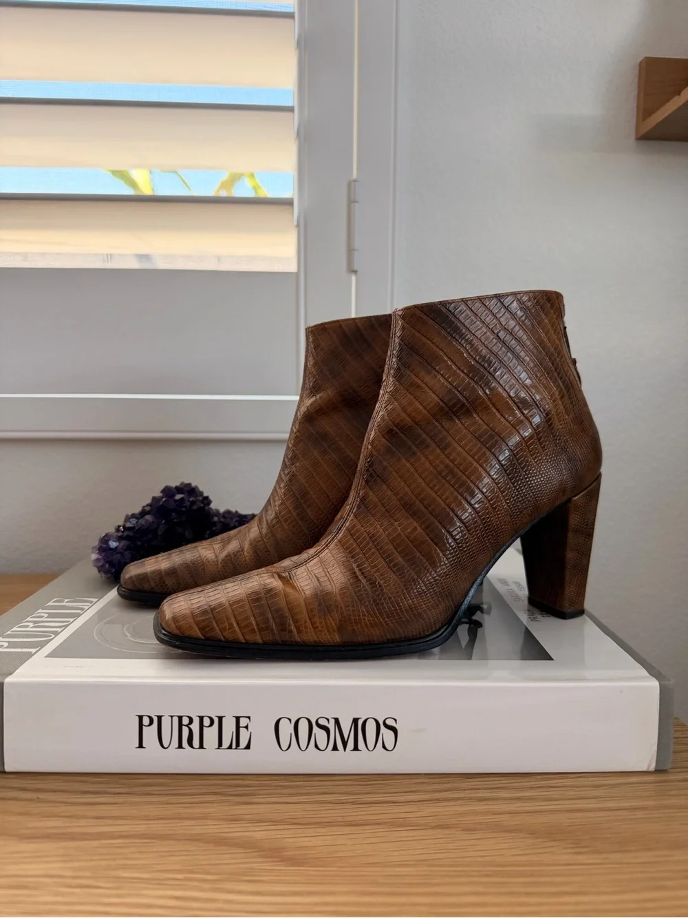 Stuart Weitzman Croc-Embossed Brown Leather Ankle Booties